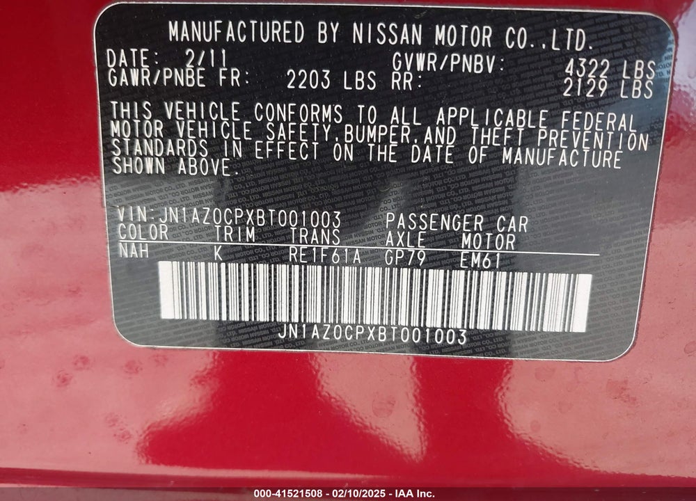 2011 NISSAN LEAF SL VIN: JN1AZ0CPXBT001003