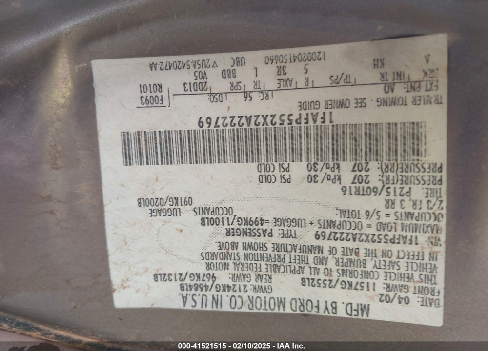 2002 FORD TAURUS SES VIN: 1FAFP552X2A222769