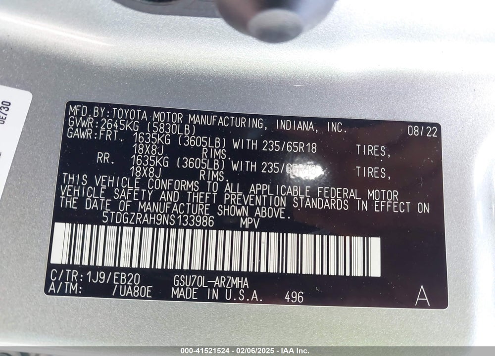 2022 TOYOTA HIGHLANDER VIN: 5TDGZRAH9NS133986