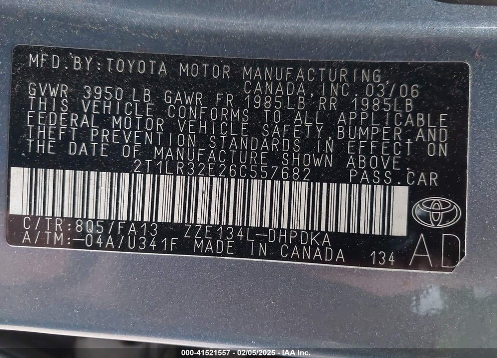 2006 TOYOTA MATRIX VIN: 2T1LR32E26C557682