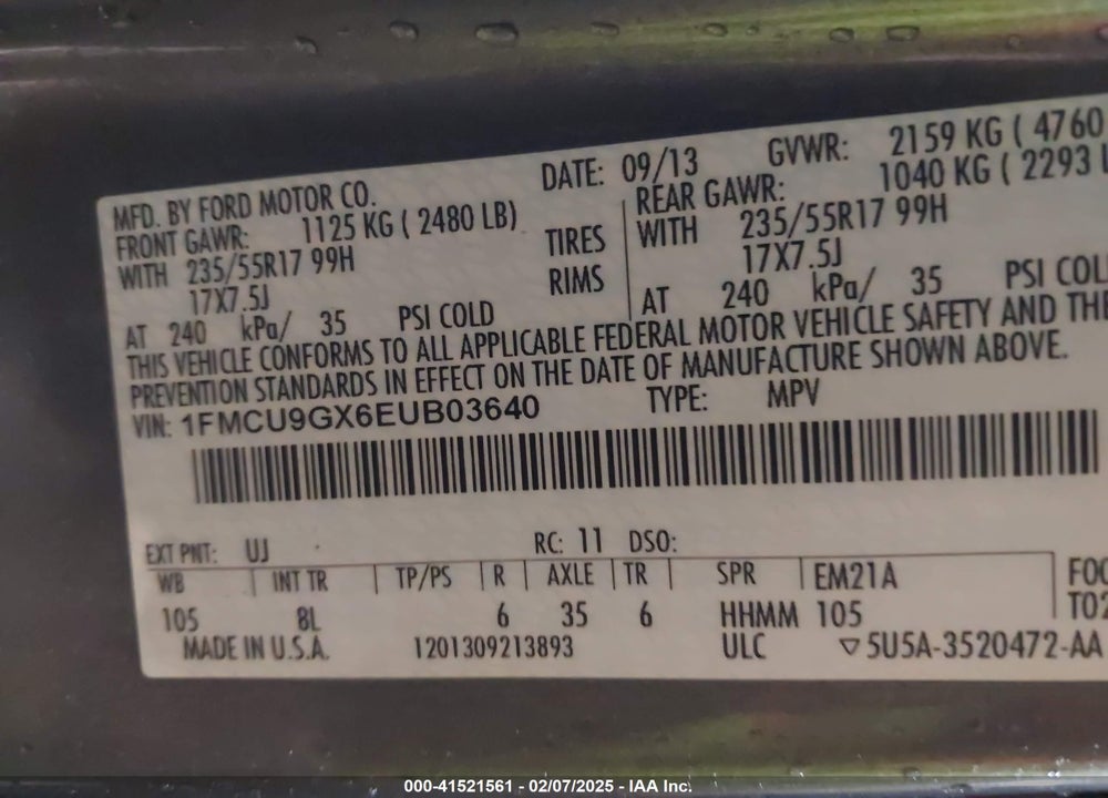 2014 FORD ESCAPE SE VIN: 1FMCU9GX6EUB03640