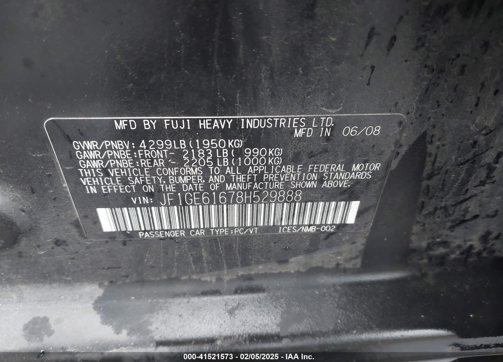 2008 SUBARU IMPREZA 2.5I VIN: JF1GE61678H529888