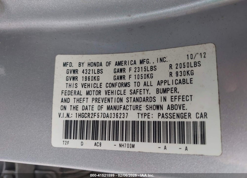 2013 HONDA ACCORD VIN: 1HGCR2F57DA036237