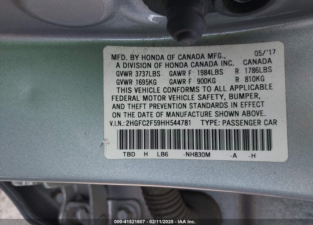 2017 HONDA CIVIC VIN: 2HGFC2F59HH544781