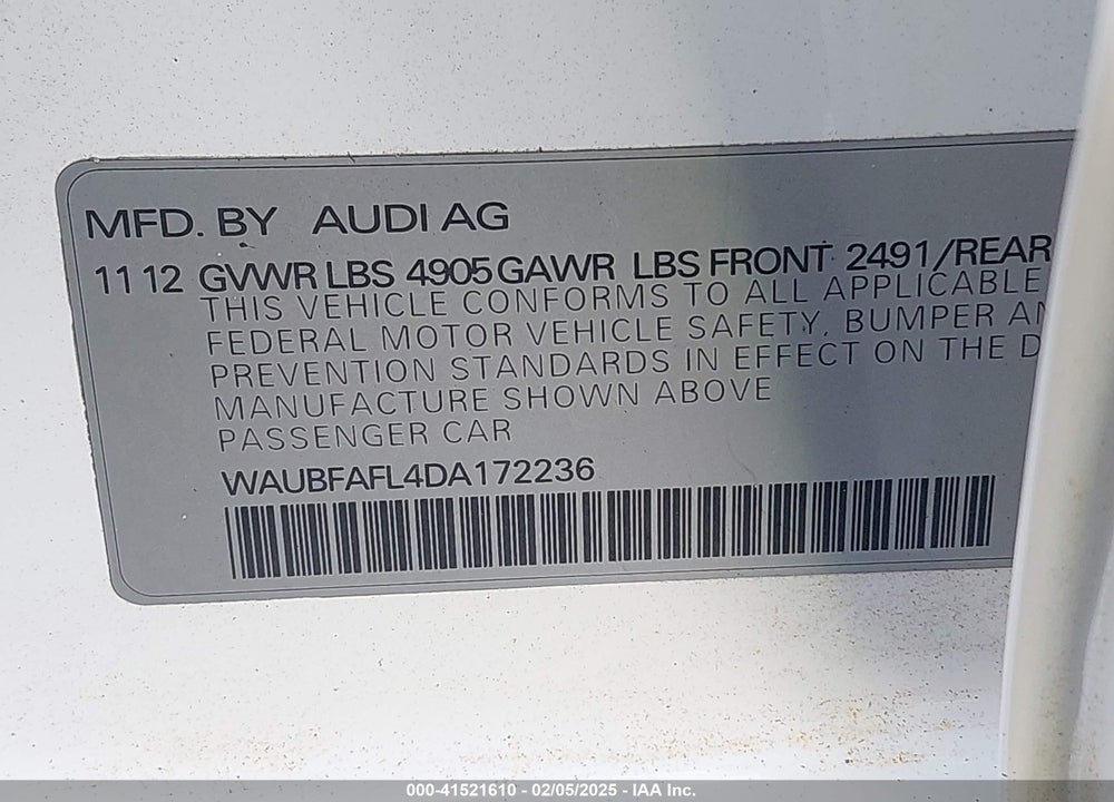 2013 AUDI A4 2.0T PREMIUM VIN: WAUBFAFL4DA172236