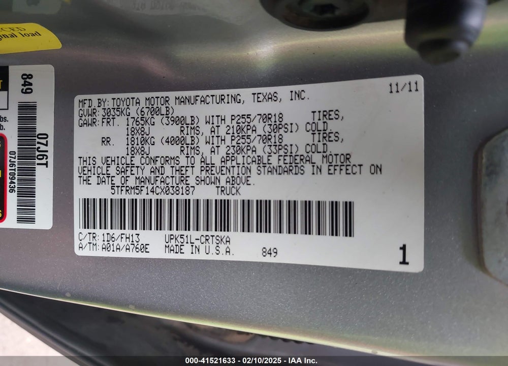 2012 TOYOTA TUNDRA GRADE 4.6L V8 VIN: 5TFRM5F14CX038187