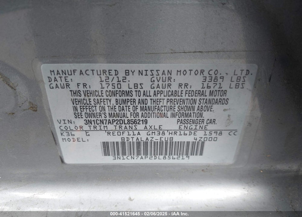 2013 NISSAN VERSA VIN: 3N1CN7AP2DL856219