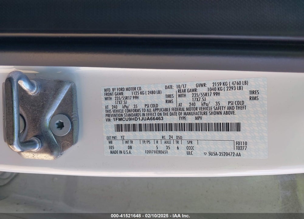 2018 FORD ESCAPE SEL VIN: 1FMCU9HD1JUA66463