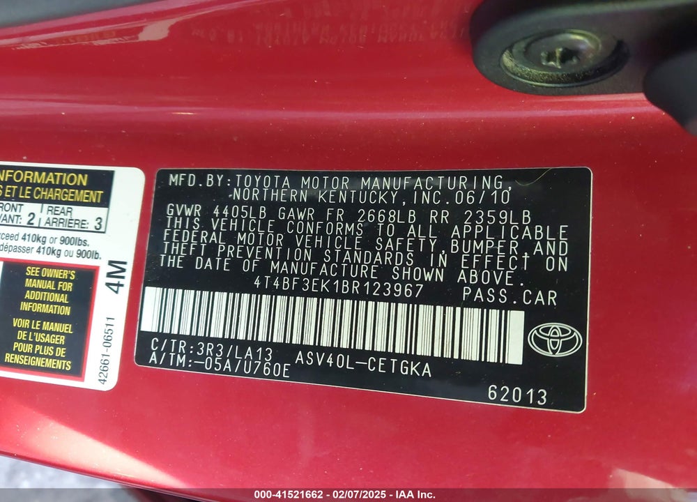 2011 TOYOTA CAMRY XLE VIN: 4T4BF3EK1BR123967
