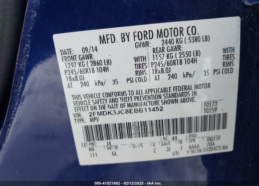 2014 FORD EDGE VIN: 2FMDK3JC8EBB11452