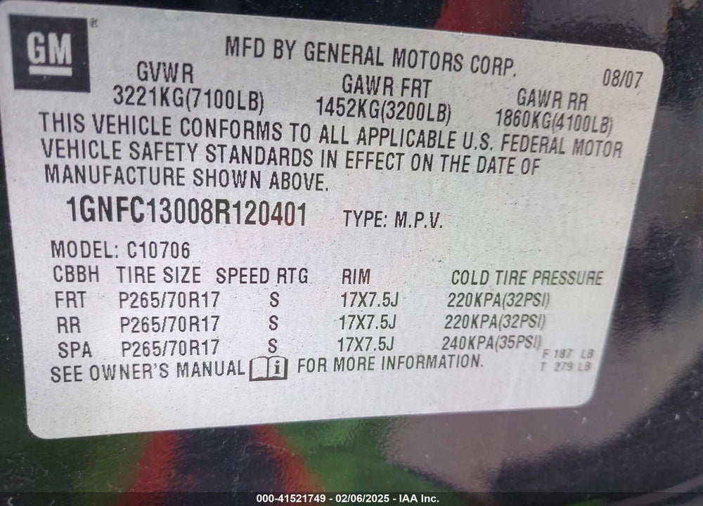 2008 CHEVROLET TAHOE LS VIN: 1GNFC13008R120401