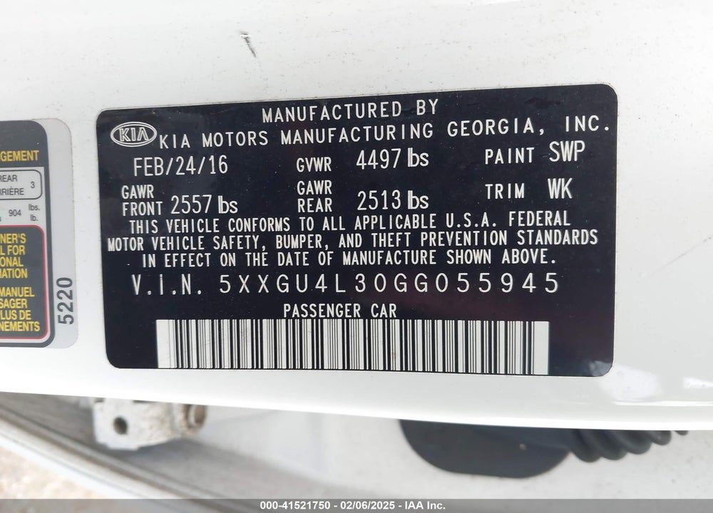 2016 KIA OPTIMA VIN: 5XXGU4L30GG055945