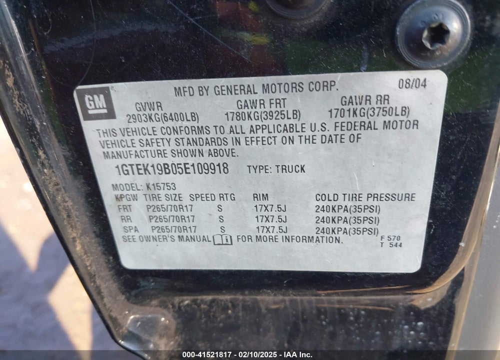 2005 GMC SIERRA 1500 WORK TRUCK VIN: 1GTEK19B05E109918