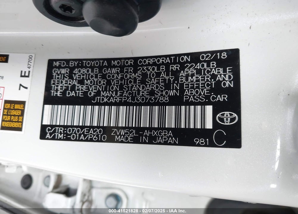2018 TOYOTA PRIUS PRIME VIN: JTDKARFP4J3073788