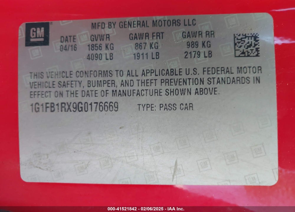 2016 CHEVROLET CAMARO VIN: 1G1FB1RX9G0176669