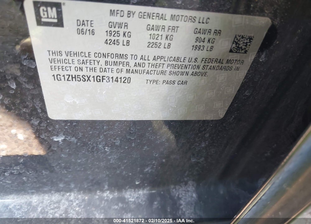 2016 CHEVROLET MALIBU VIN: 1G1ZH5SX1GF314120
