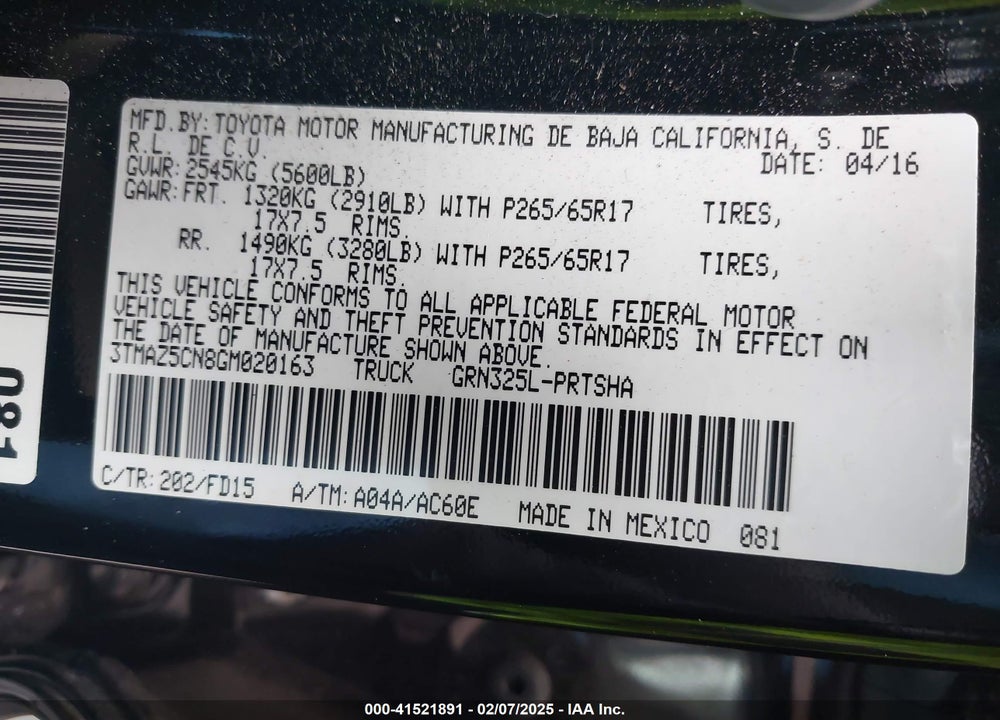 2016 TOYOTA TACOMA VIN: 3TMAZ5CN8GM020163