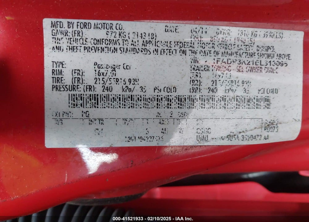 2014 FORD FOCUS VIN: 1FADP3K21EL313096