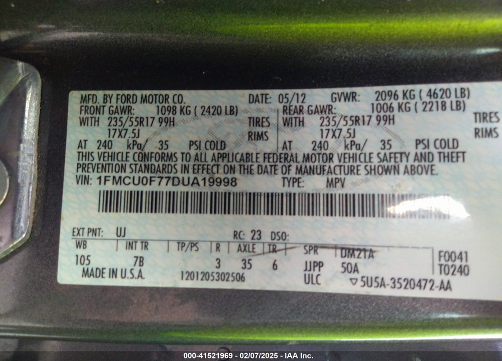 2013 FORD ESCAPE S VIN: 1FMCU0F77DUA19998