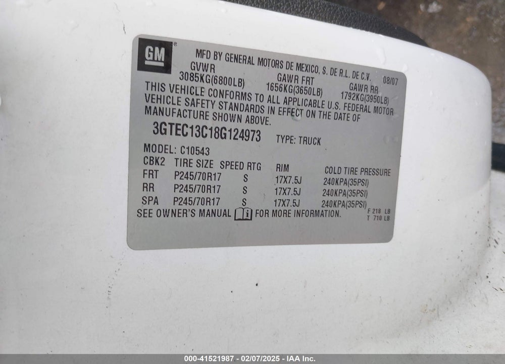 2008 GMC SIERRA 1500 SL VIN: 3GTEC13C18G124973