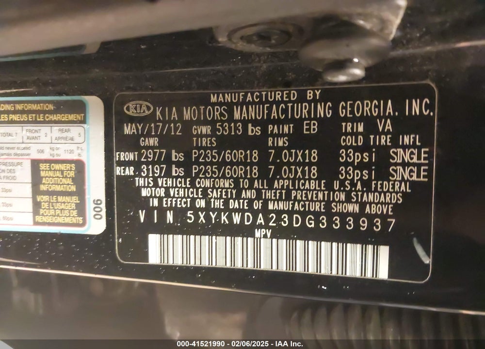 2013 KIA SORENTO SX V6 VIN: 5XYKWDA23DG333937