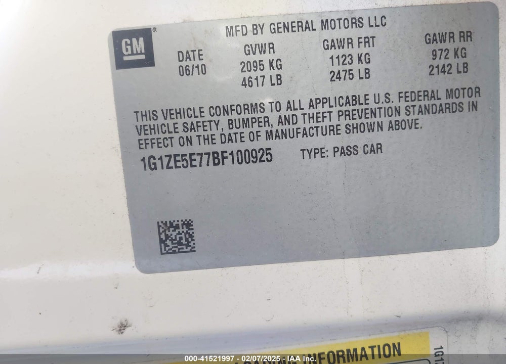 2011 CHEVROLET MALIBU VIN: 1G1ZE5E77BF100925