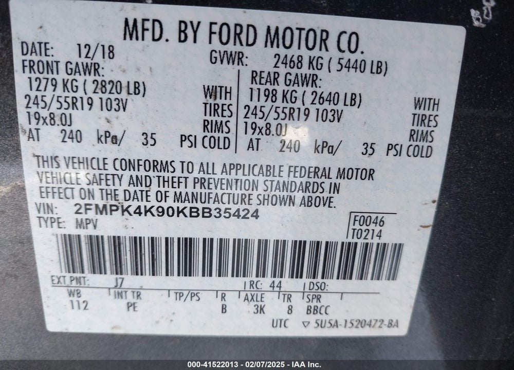 2019 FORD EDGE TITANIUM VIN: 2FMPK4K90KBB35424
