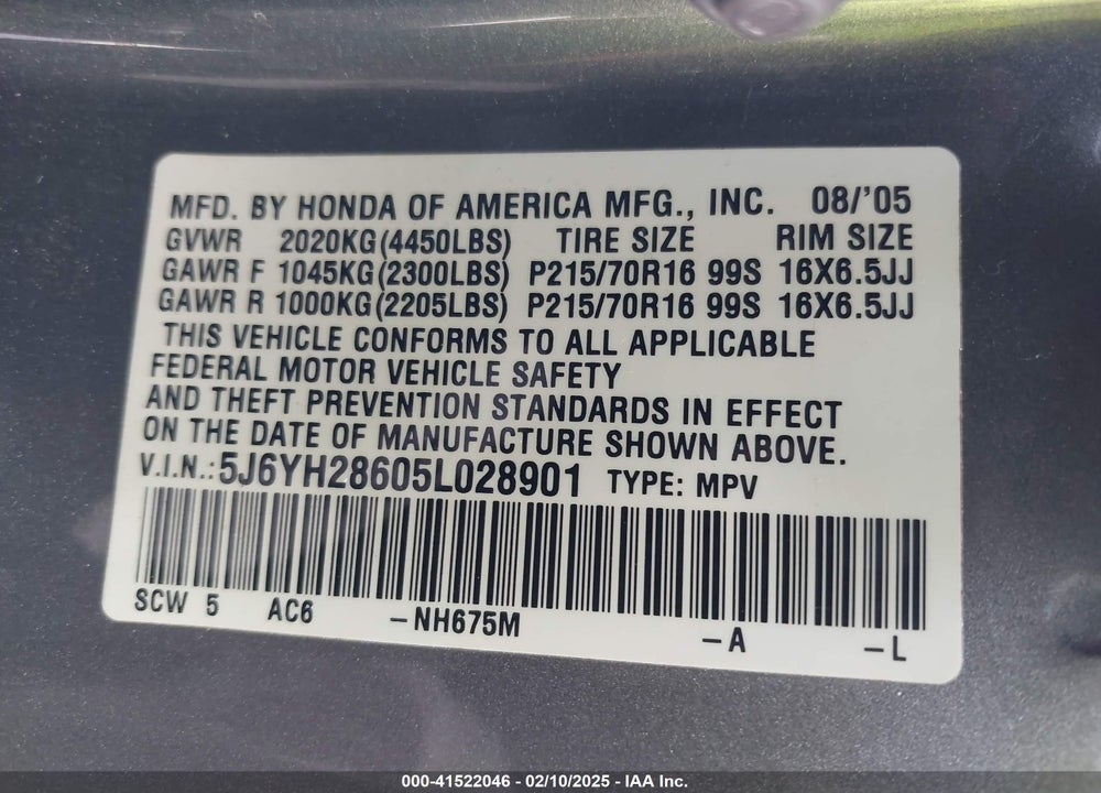 2005 HONDA ELEMENT EX VIN: 5J6YH28605L028901