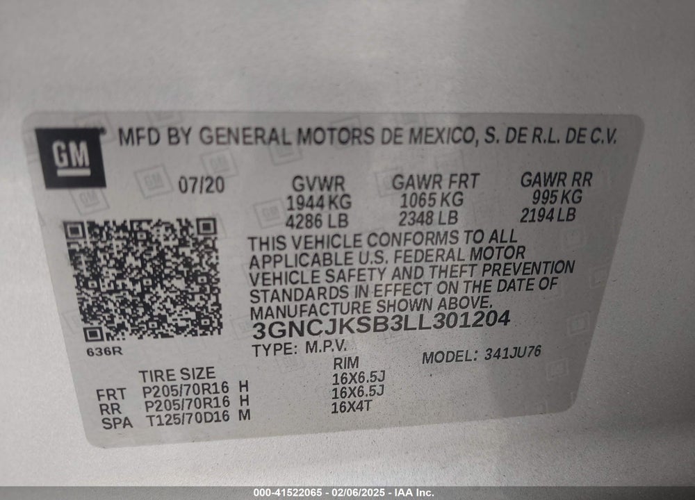 2020 CHEVROLET TRAX FWD LS VIN: 3GNCJKSB3LL301204