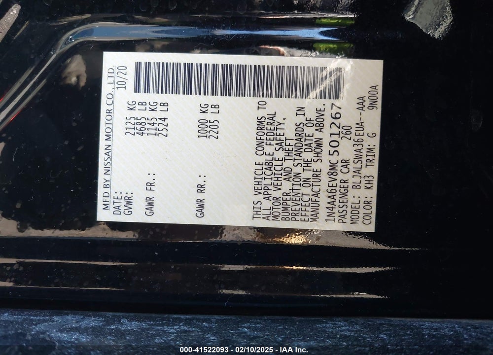 2021 NISSAN MAXIMA VIN: 1N4AA6EV8MC501267