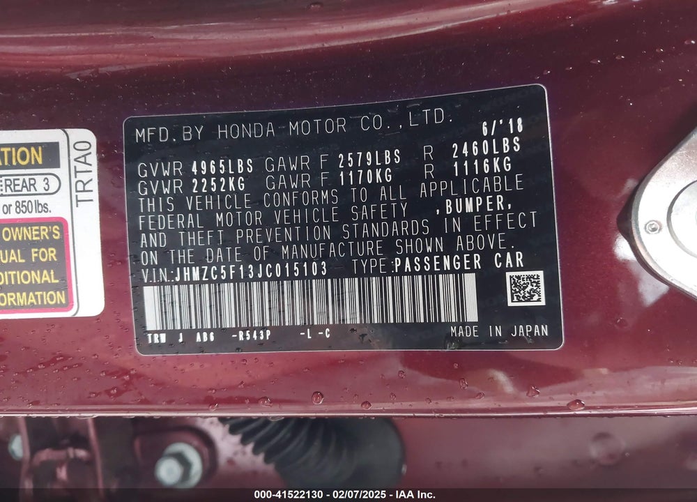 2018 HONDA CLARITY PLUG-IN HYBRID VIN: JHMZC5F13JC015103