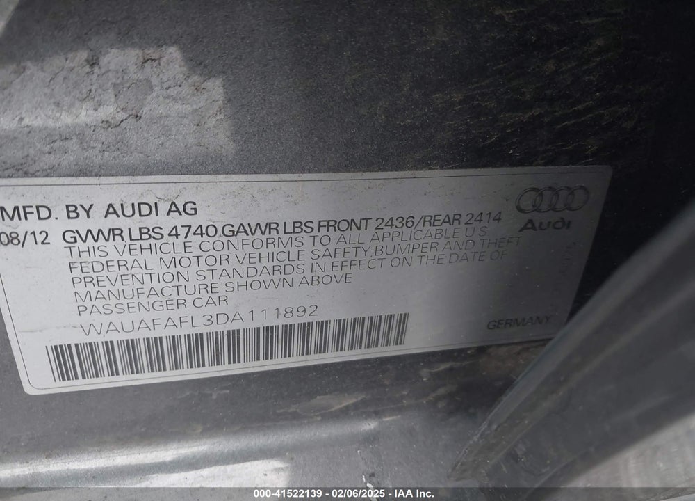 2013 AUDI A4 VIN: WAUAFAFL3DA111892