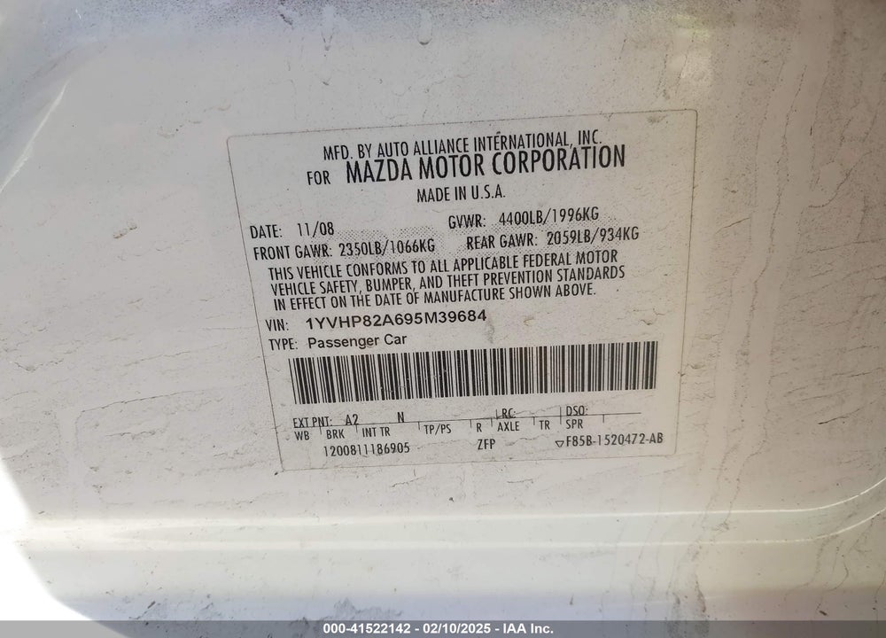 2009 MAZDA MAZDA6 VIN: 1YVHP82A695M39684