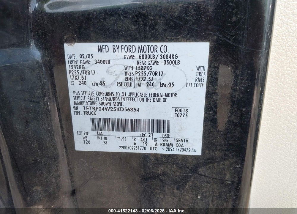 2005 FORD F-150 STX/XLT VIN: 1FTRF04W25KD56854
