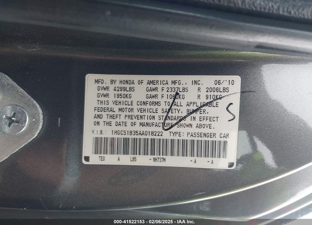 2010 HONDA ACCORD VIN: 1HGCS1B35AA018222