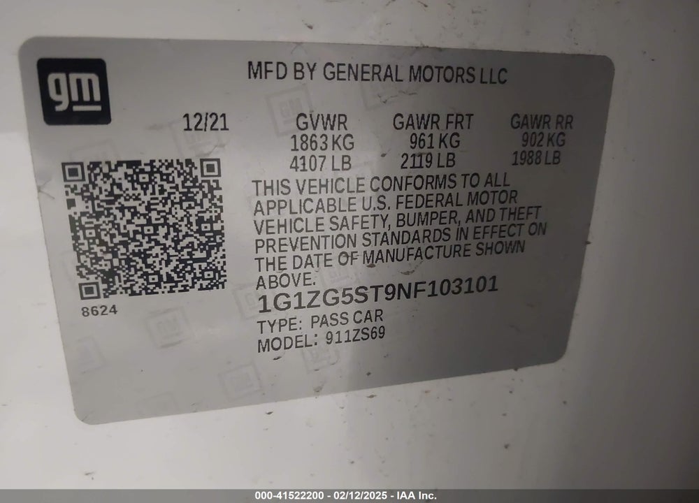 2022 CHEVROLET MALIBU VIN: 1G1ZG5ST9NF103101