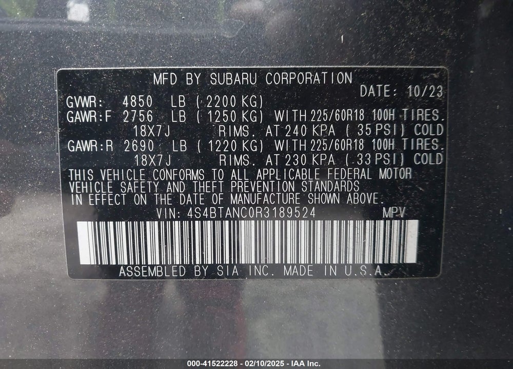 2024 SUBARU OUTBACK VIN: 4S4BTANC0R3189524