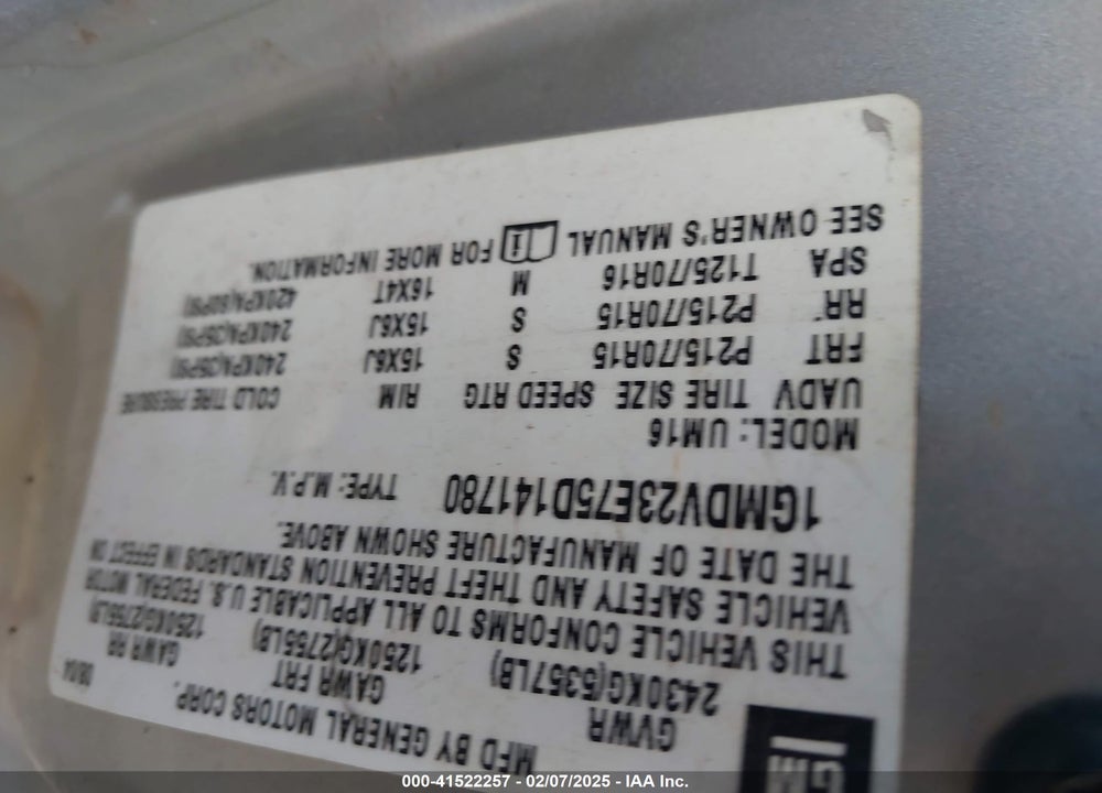2005 PONTIAC MONTANA M16 W/1SA PKG. VIN: 1GMDV23E75D141780