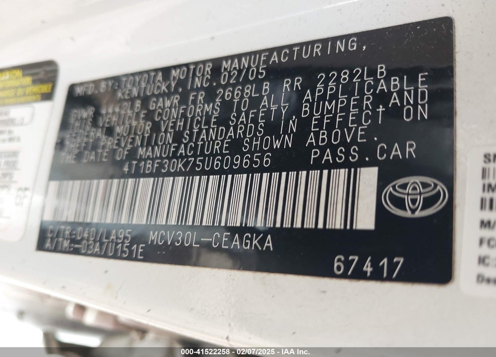 2005 TOYOTA CAMRY VIN: 4T1BF30K75U609656