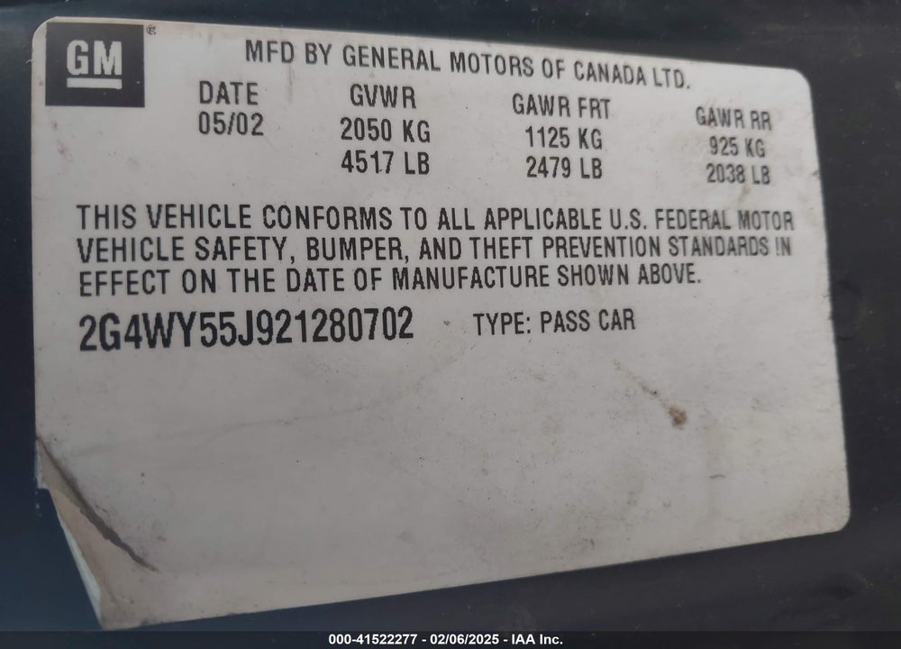 2002 BUICK CENTURY LIMITED VIN: 2G4WY55J921280702