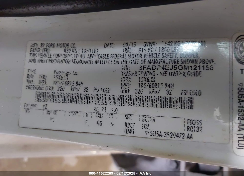 2016 FORD FIESTA VIN: 3FADP4EJ5GM121156