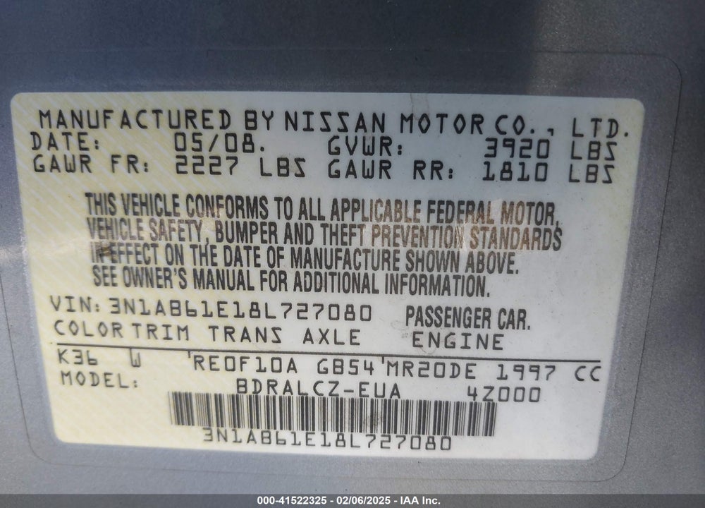 2008 NISSAN SENTRA VIN: 3N1AB61E18L727080