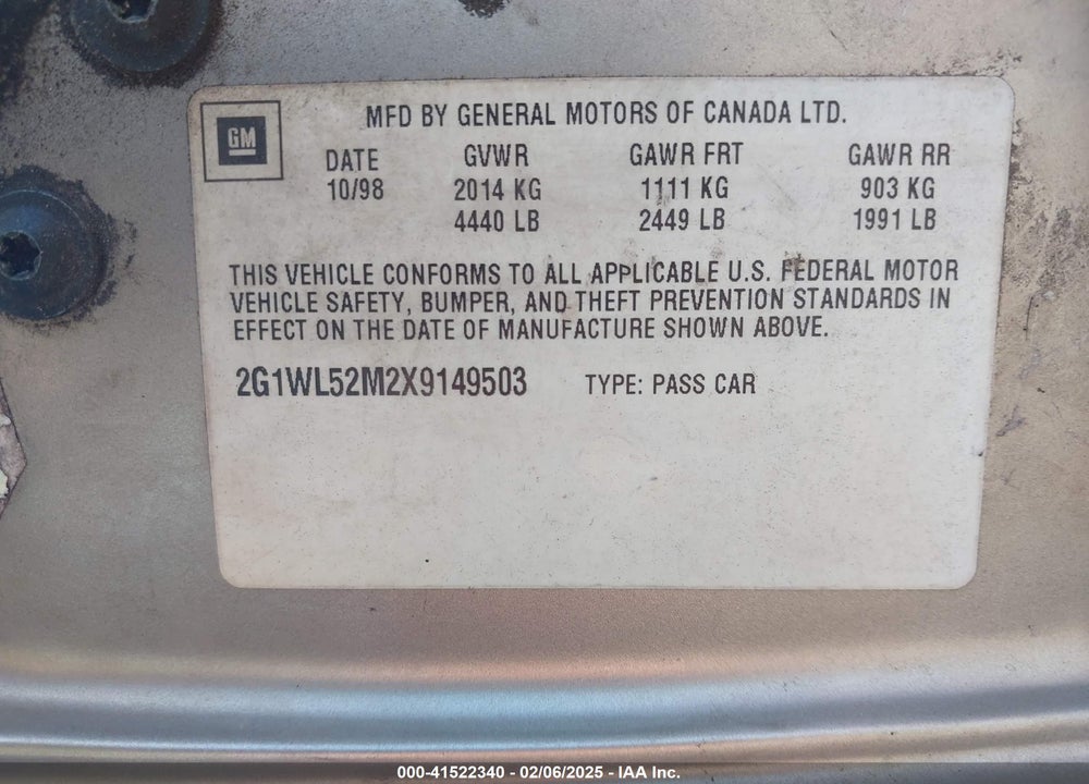 1999 CHEVROLET LUMINA VIN: 2G1WL52M2X9149503