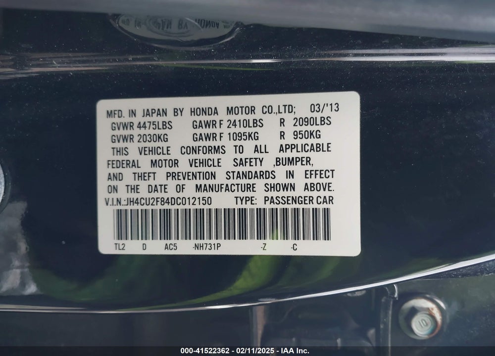 2013 ACURA TSX 2.4 VIN: JH4CU2F84DC012150