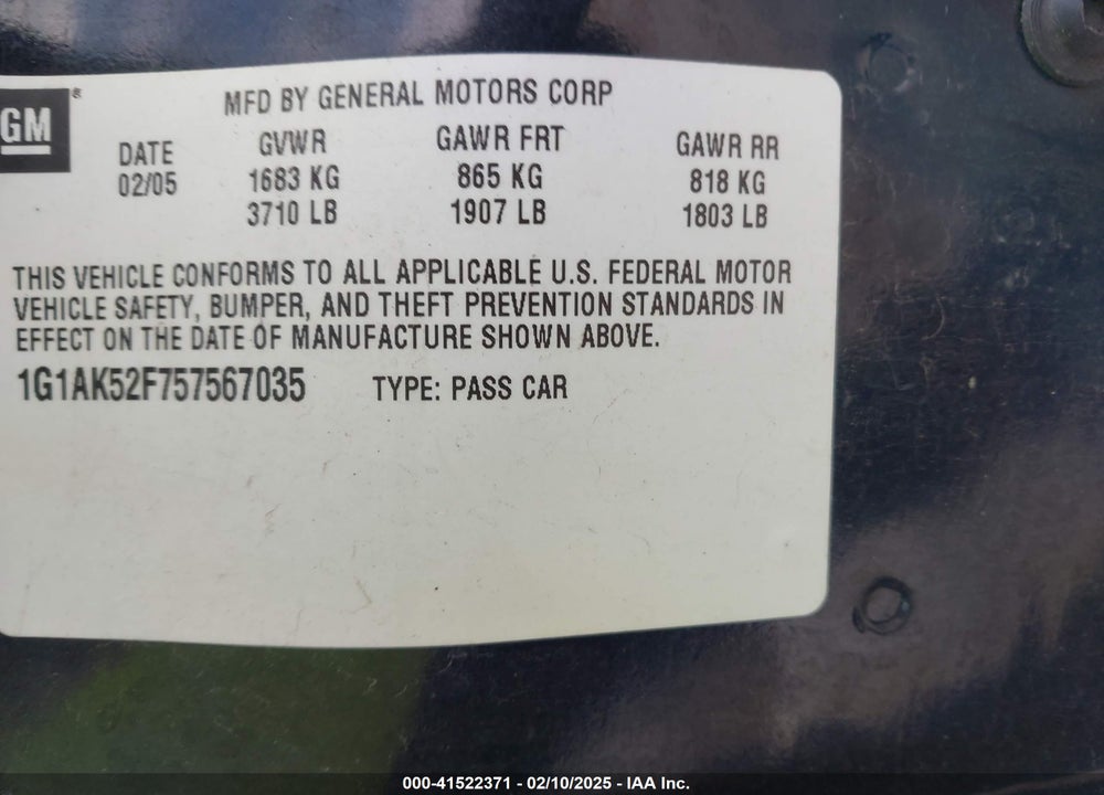 2005 CHEVROLET COBALT VIN: 1G1AK52F757567035