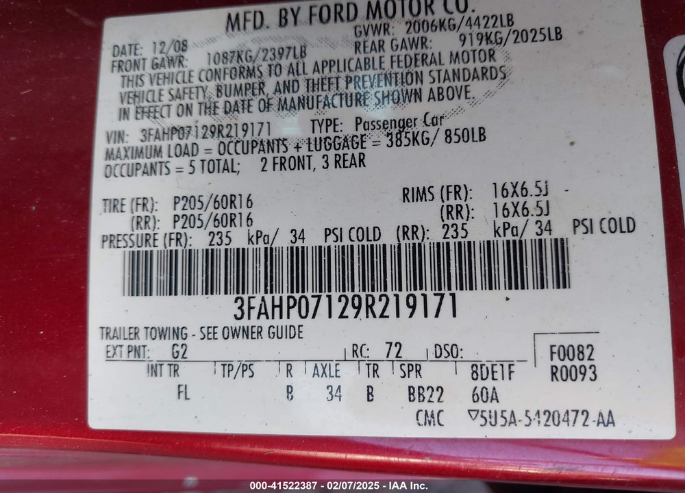 2009 FORD FUSION VIN: 3FAHP07129R219171