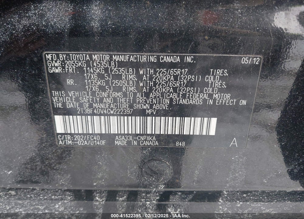 2012 TOYOTA RAV4 VIN: 2T3BF4DV4CW222397