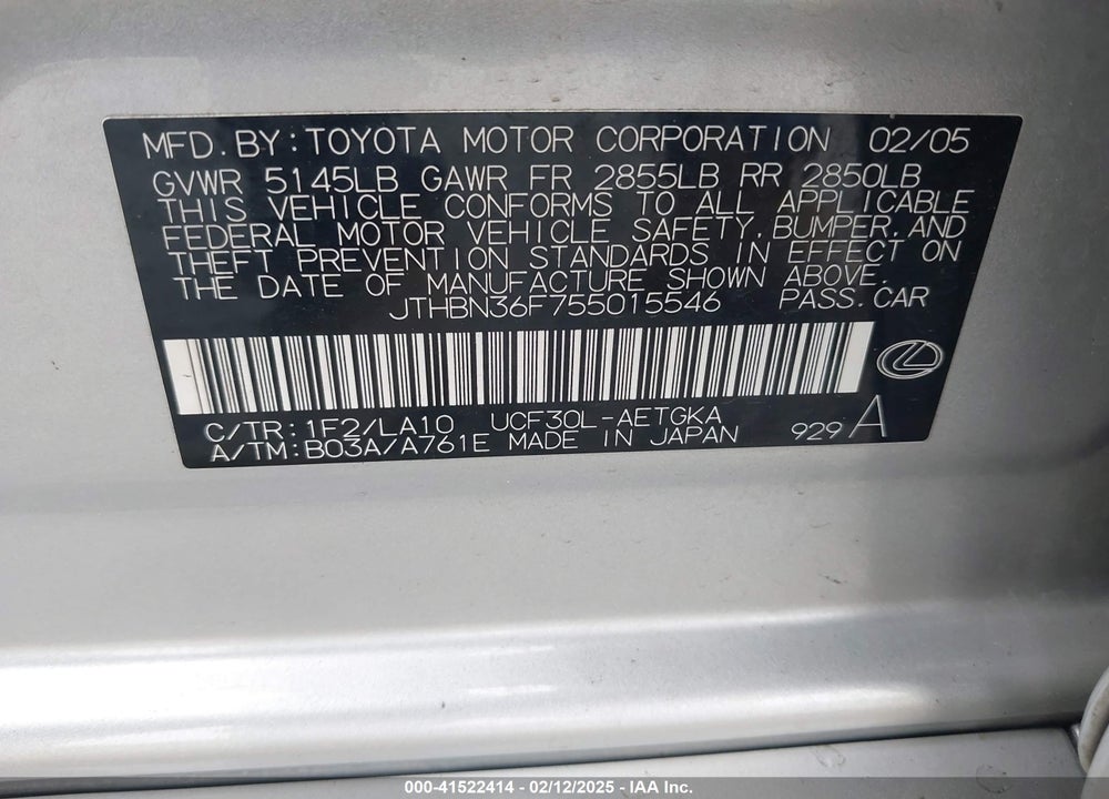 2005 LEXUS LS 430 VIN: JTHBN36F755015546