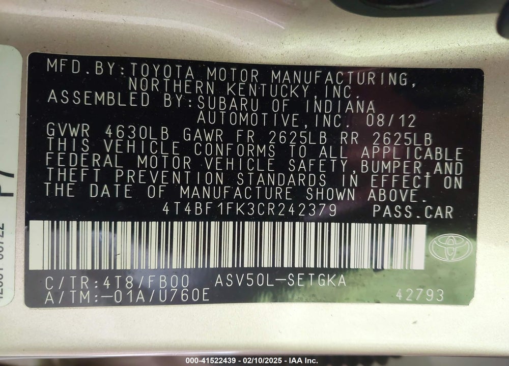 2012 TOYOTA CAMRY XLE VIN: 4T4BF1FK3CR242379