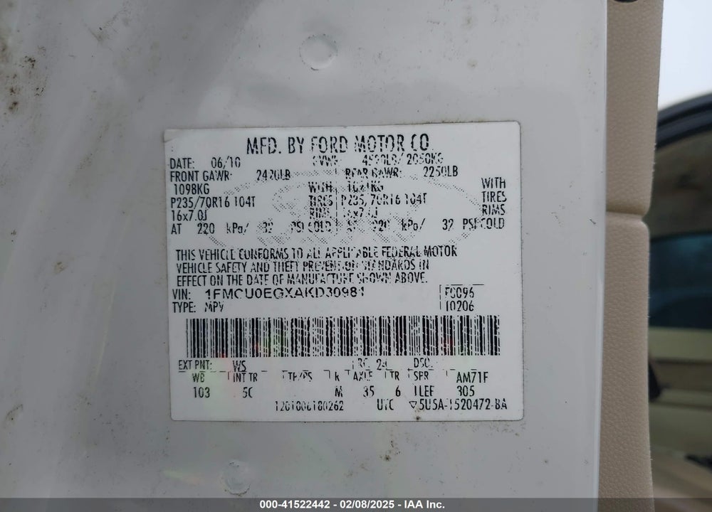2010 FORD ESCAPE LIMITED VIN: 1FMCU0EGXAKD30981